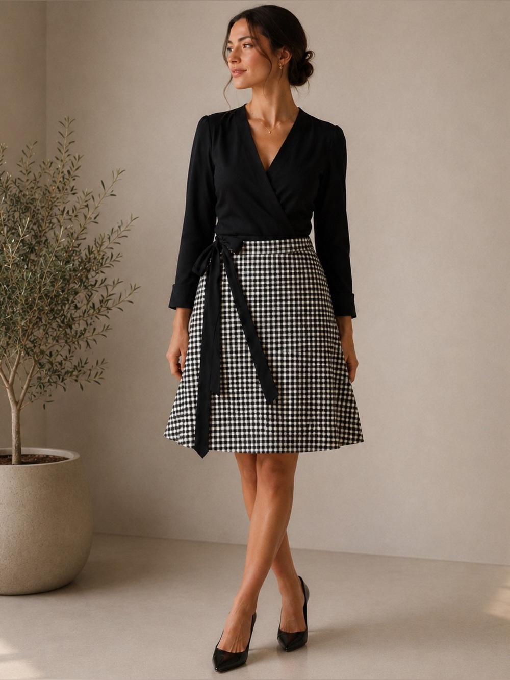 LN DVF Diane von Furstenberg Black & White Gingham Wrap Dress Size 8